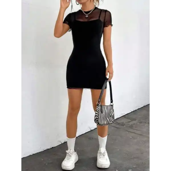 Kadın Ip Askılı Kısa Dalgıç Elbise Ve Kısa Kollu Tül Elbise Ikili Takım