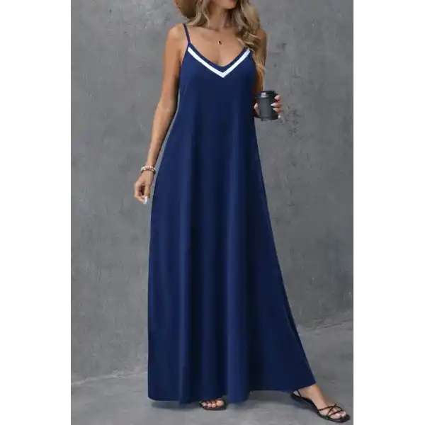 Kadın Ip Askılı V şerit Yakalı Uzun Viskon Elbise