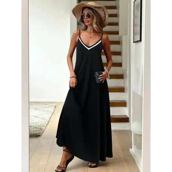 Kadın Ip Askılı V şerit Yakalı Uzun Viskon Elbise