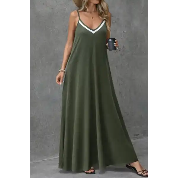 Kadın Ip Askılı V şerit Yakalı Uzun Viskon Elbise