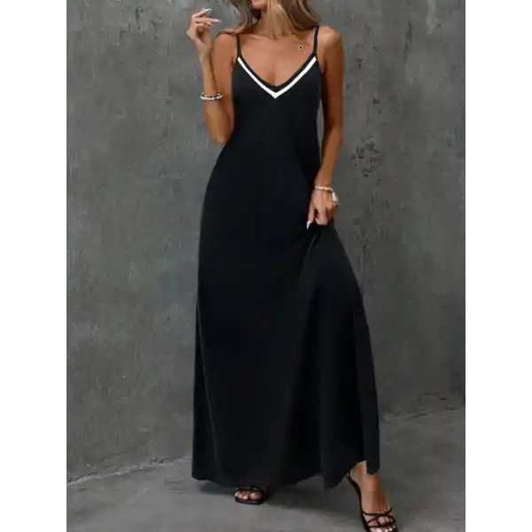 Kadın Ip Askılı V şerit Yakalı Uzun Viskon Elbise
