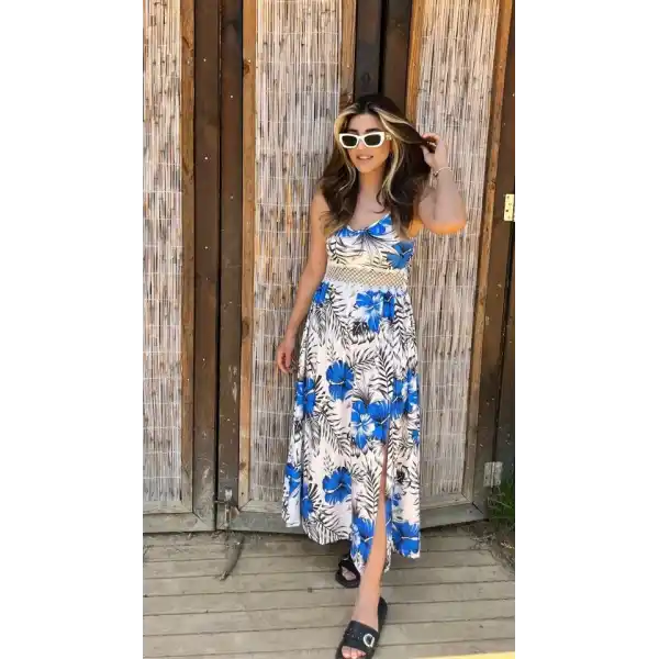 Kadın Ip Askılı V Yakalı Bel Güpür çiçek Desenli Yandan Yırtmaçlı Maksi Süprem Elbise