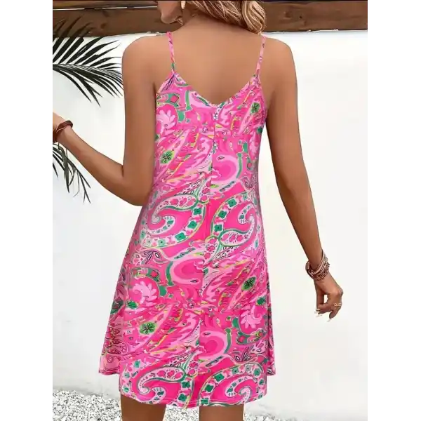 Kadın Ip Askılı V Yakalı Desenli Kısa Süprem Mini Elbise