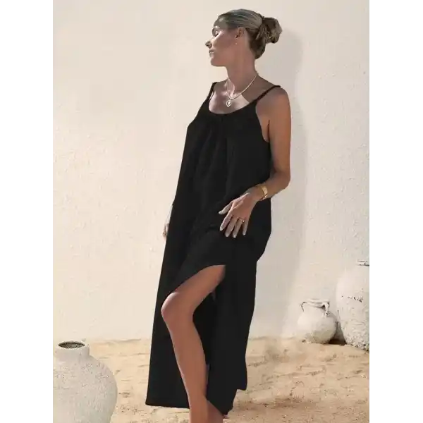 Kadın Ip Askılı Yuvarlak Yaka Yırtmaçlı Uzun Müslim Elbise
