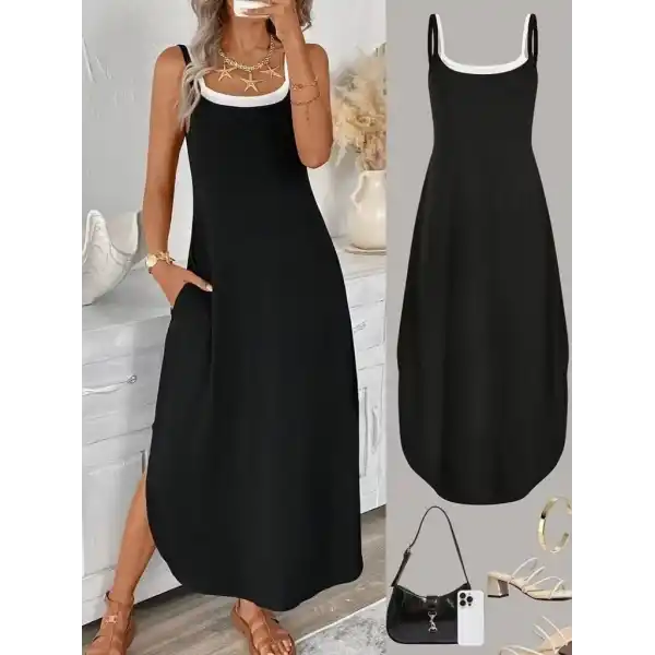 Kadın Ip Askılı Yuvarlak Yakalı Cepli Uzun Viskon Elbise