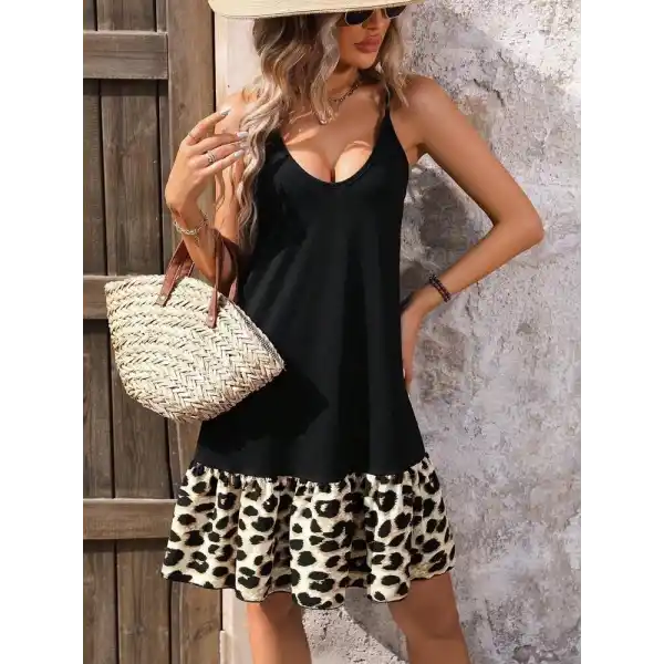 Kadın Ip Askılı Yuvarlak Yakalı Leopar Detaylı Elbise