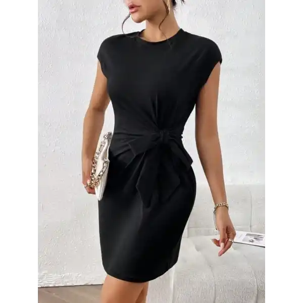 Kadın Kısa Kap Kollu Bisiklet Yaka Belden Bağlamalı Modal Mini Elbise