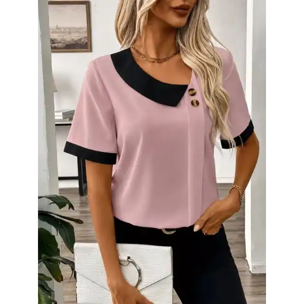 Kadın Kısa Kollu Asımetrik Yaka Detaylı Düğmeli Dubai Bluz