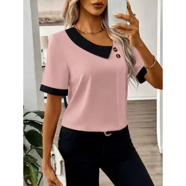 Kadın Kısa Kollu Asımetrik Yaka Detaylı Düğmeli Dubai Bluz