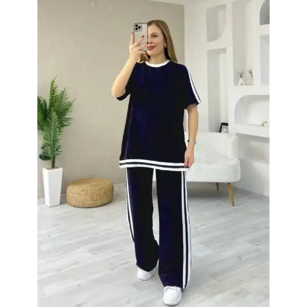 Kadın Kısa Kollu Bisiklet Yaka çift Renk şerit Detaylı Viskon Iki Iplik Bluz Ve Pantolon Ikili Takım