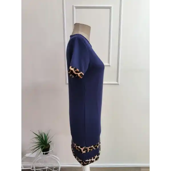 Kadın Kısa Kollu Bisiklet Yaka Leopar şerit Detaylı Kısa Modal Elbise