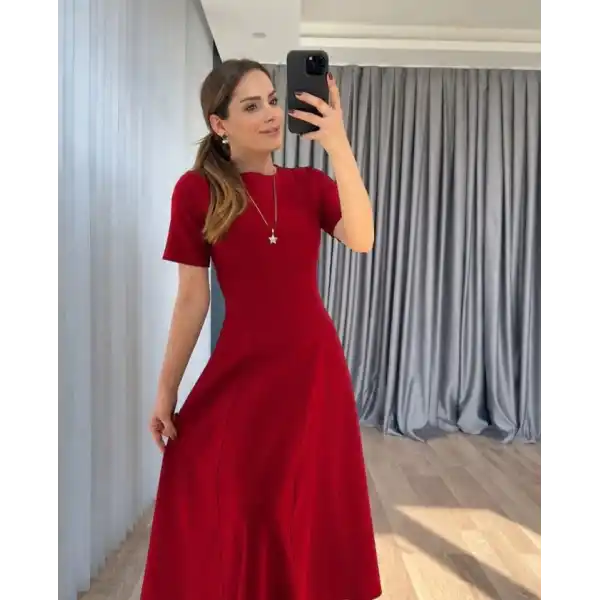 Kadın Kısa Kollu Bisiklet Yaka Maksi Boy Ithal Krep Elbise