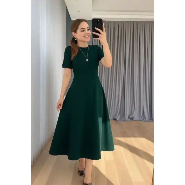 Kadın Kısa Kollu Bisiklet Yaka Maksi Boy Ithal Krep Elbise