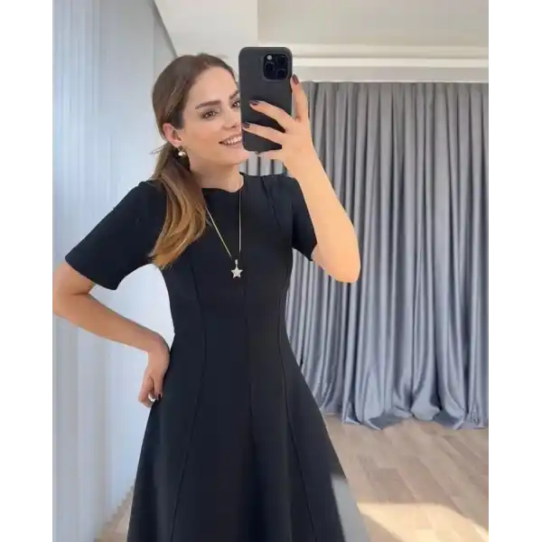 Kadın Kısa Kollu Bisiklet Yaka Maksi Boy Ithal Krep Elbise