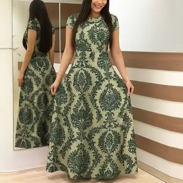 Kadın Kısa Kollu Bisiklet Yaka Puantiyeli Maksi örme Krep Elbise