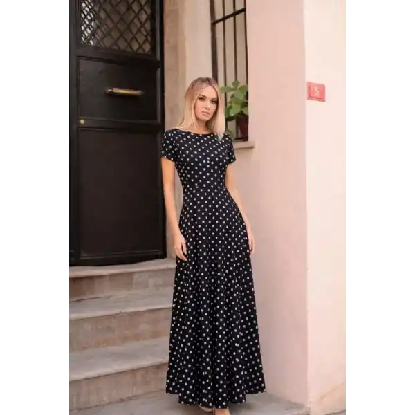 Kadın Kısa Kollu Bisiklet Yaka Puantiyeli Maksi örme Krep Elbise