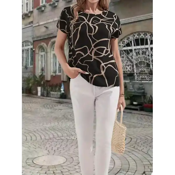Kadın Kısa Kollu Bisiklet Yaka Süprem Desenli Bluz