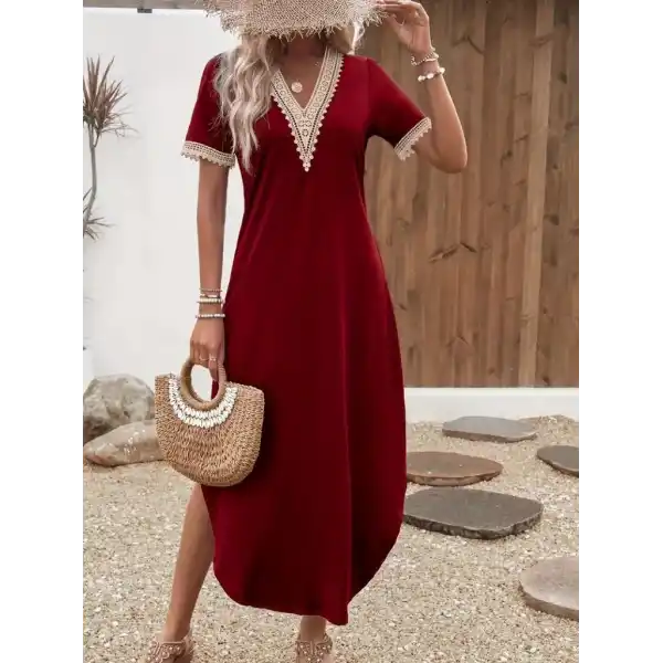 Kadın Kısa Kollu Dantel V Yakalı Uzun Viskon Elbise