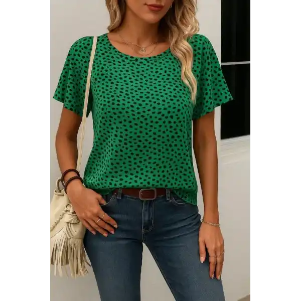 Kadın Kısa Kollu Kolları Volanlı Baskılı Süprem Bluz
