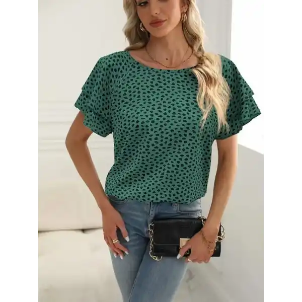 Kadın Kısa Kollu Kolları Volanlı Baskılı Süprem Bluz