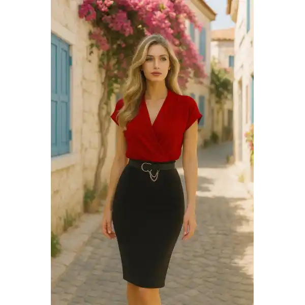 Kadın Kısa Kollu Kruvaze Yaka Krep Elbise (Kemersiz)