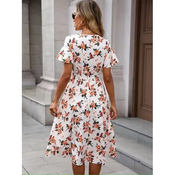 Kadın Kısa Kollu Kruvaze Yakalı Mini Desenli Süprem Elbise