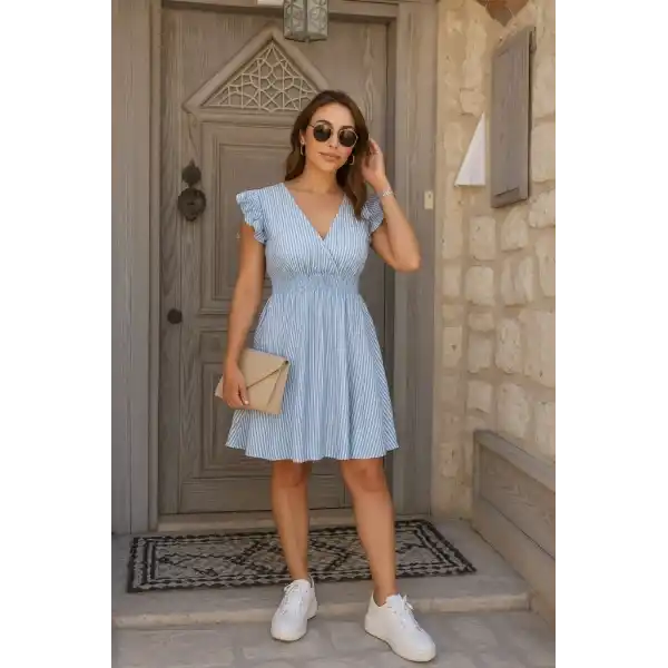Kadın Kısa Kollu Kruvaze Yakalı Poplin Elbise