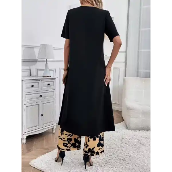 Kadın Kısa Kollu önden çapraz Detaylı Viskon Uzun Bluz Ve Desenli Iki Iplik Pantolon Ikili Takım