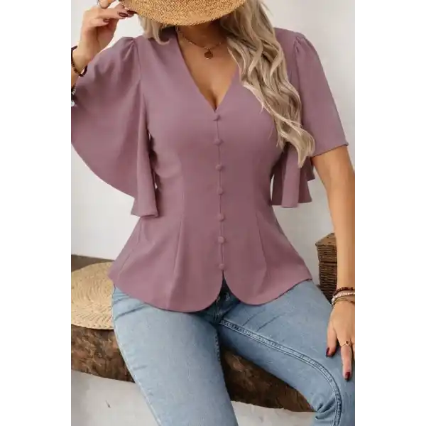 Kadın Kısa Kollu önden Düğmeli Ithal Krep Bluz