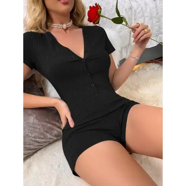 Kadın Kısa Kollu önü Düğmeli Mini Bodycon Fitilli Kaşkorse Tulum