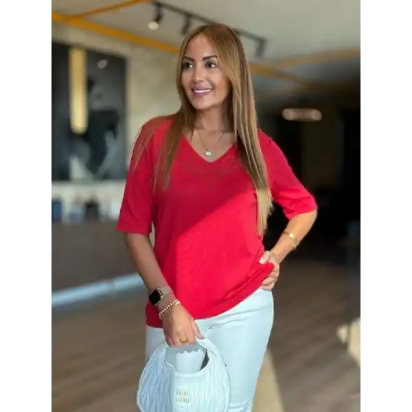 Kadın Kısa Kollu V Yaka Ajurlu Triko BluZ
