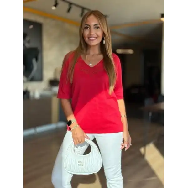 Kadın Kısa Kollu V Yaka Ajurlu Triko BluZ