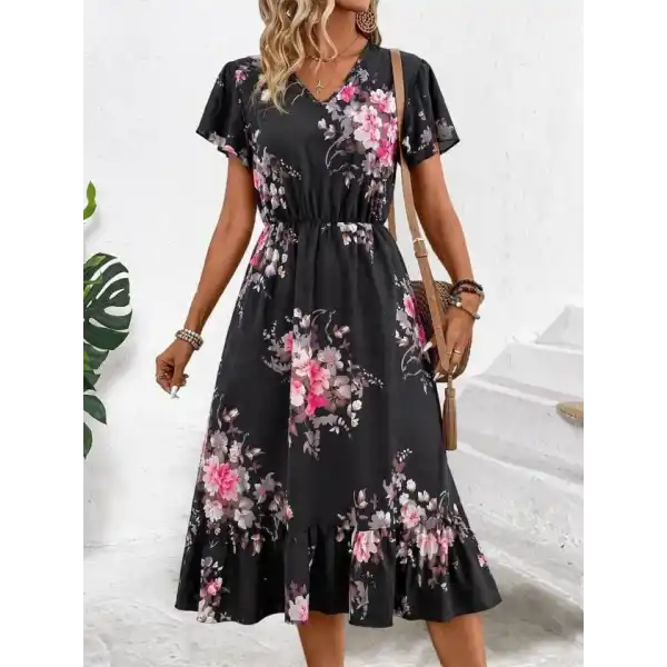 Kadın Kısa Kollu V Yakalı Desenli Midi Süprem Elbise