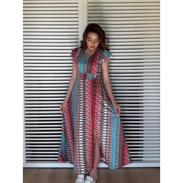 Kadın Kısa Kollu V Yakalı Desenli Yandan Yırtmaçlı Süprem Elbise