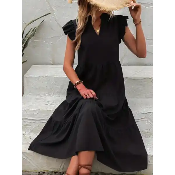 Kadın Kısa Kollu V Yakalı Geniş Kesim Uzun Trikoton Elbise