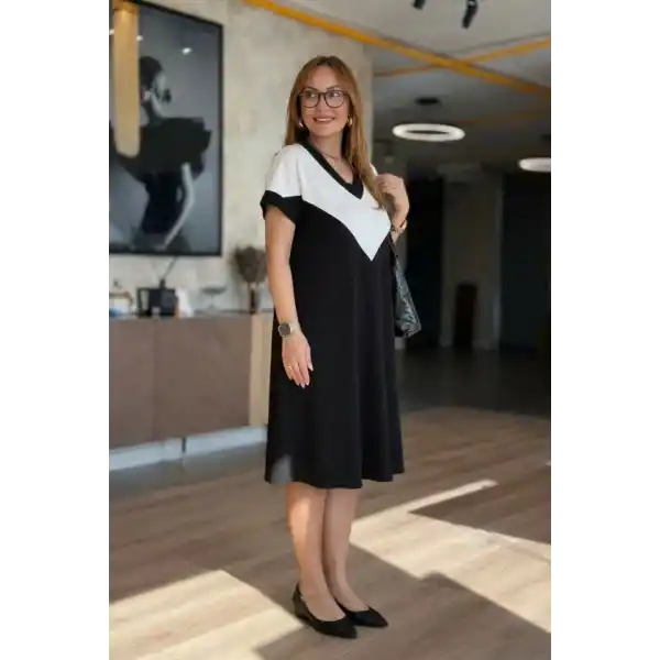 Kadın Kısa Kollu V Yakalı Kısa Modal Elbise