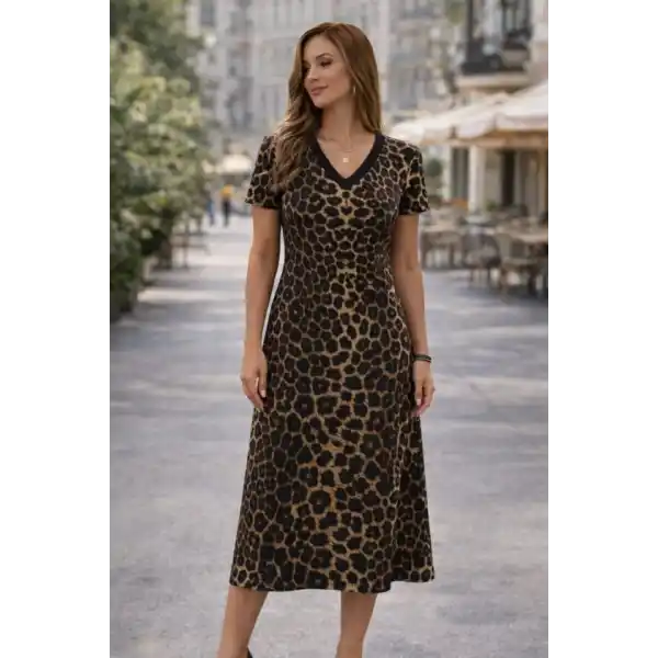 Kadın Kısa Kollu V Yakalı Leopar Desenli Kısa Süprem Elbise