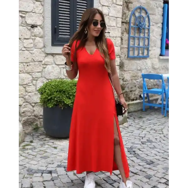 Kadın Kısa Kollu V Yakalı Maksi Boy Viskon Elbise