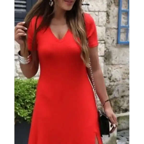 Kadın Kısa Kollu V Yakalı Maksi Boy Viskon Elbise