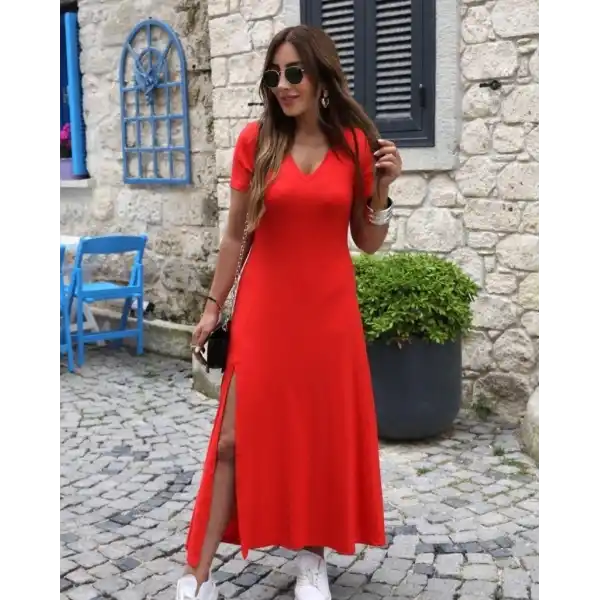 Kadın Kısa Kollu V Yakalı Maksi Boy Viskon Elbise