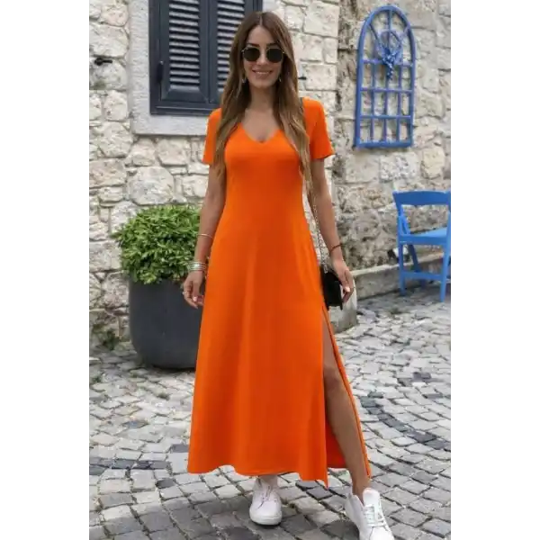 Kadın Kısa Kollu V Yakalı Maksi Boy Viskon Elbise