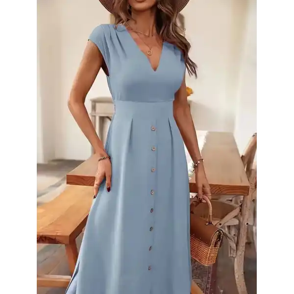Kadın Kısa Kollu V Yakalı önden Düğmeli Midi Dokuma Viskon Elbise