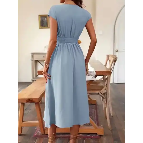 Kadın Kısa Kollu V Yakalı önden Düğmeli Midi Dokuma Viskon Elbise