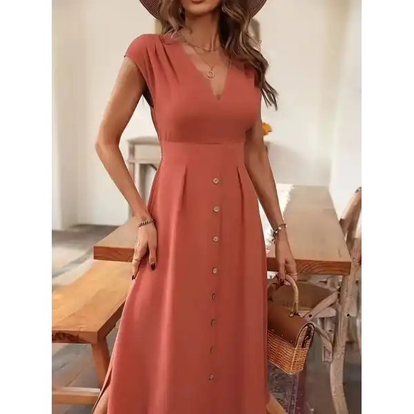 Kadın Kısa Kollu V Yakalı önden Düğmeli Midi Dokuma Viskon Elbise