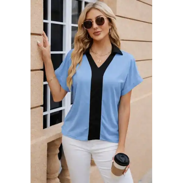 Kadın Kısa Kollu V Yakalı önden şerit Detaylı Sandy Bluz