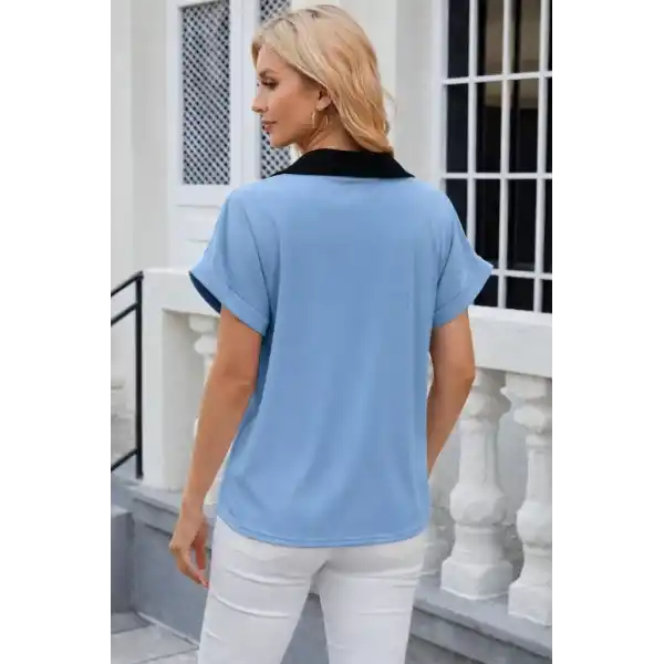 Kadın Kısa Kollu V Yakalı önden şerit Detaylı Sandy Bluz