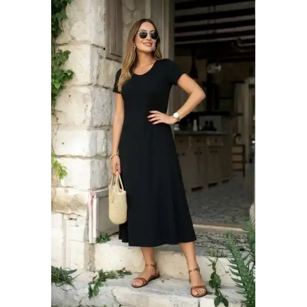 Kadın Kısa Kollu V Yakalı Yırtmaçlı Midi Viskon Elbise