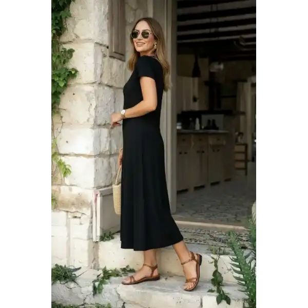 Kadın Kısa Kollu V Yakalı Yırtmaçlı Midi Viskon Elbise