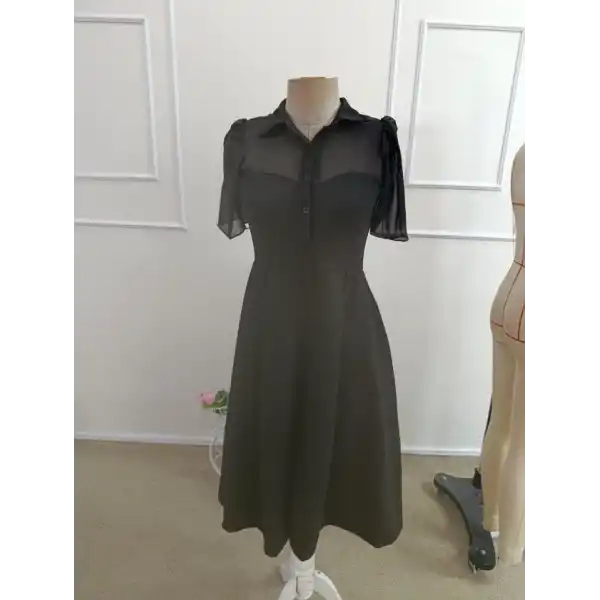 Kadın Kısa Kollu Yakalı önden Düğmeli Midi Ithal Krep Elbise
