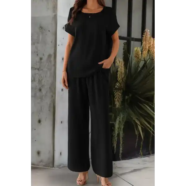 Kadın Kısa Kollu Yakası Açık Aerobin Bluz Ve Pantolon Ikili Takım